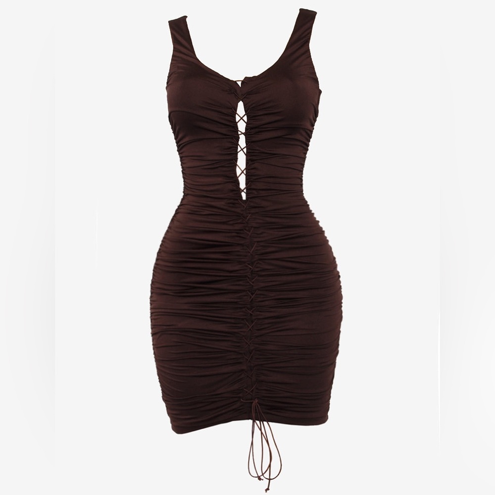 Brown Lace Up Ruched Mini Dress NTW